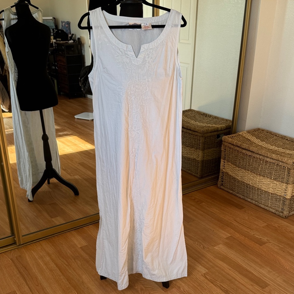 White Sleeveless Maxi Dress with Embroidered Yoke